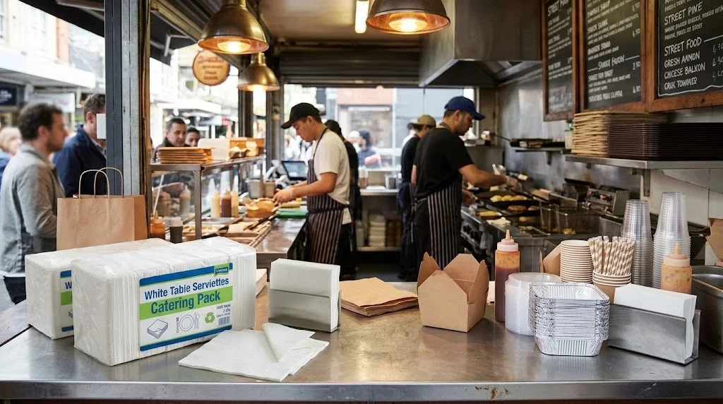 White Table Serviettes in Commercial Takeaway Food Service